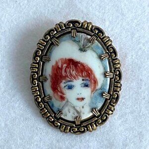VTG 2" Oval Hand Painted Porcelain Woman Brass Brooch Signed Western Germany